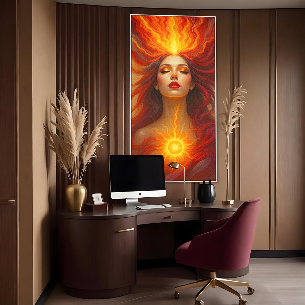 Tablou canvas cu tablou canvas cu zeita focului, in rama de aluminiu argintiu, pe perete intr-un birou